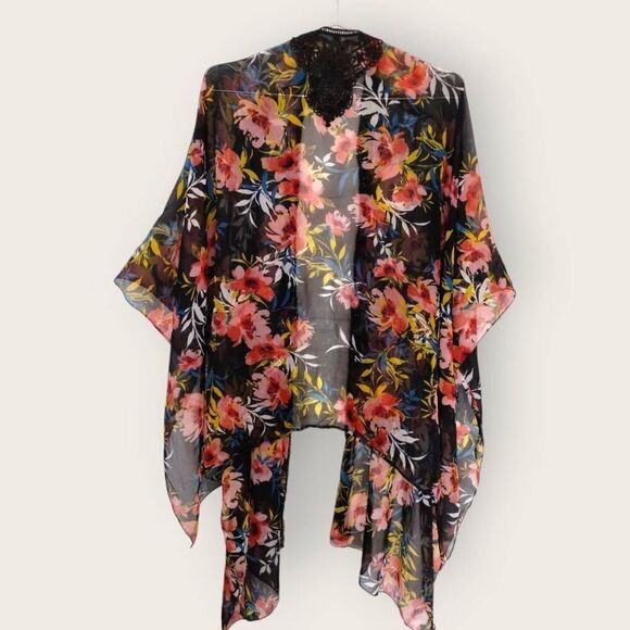 Lane Bryant Semi Sheer Swimsuit‎ Cover Up Crochet Tropical Floral Black Beachy - Picture 2 of 9